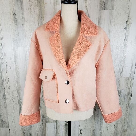 Zara Peach Shearling Sherpa Crop Jacket Sz S - Picture 2 of 9